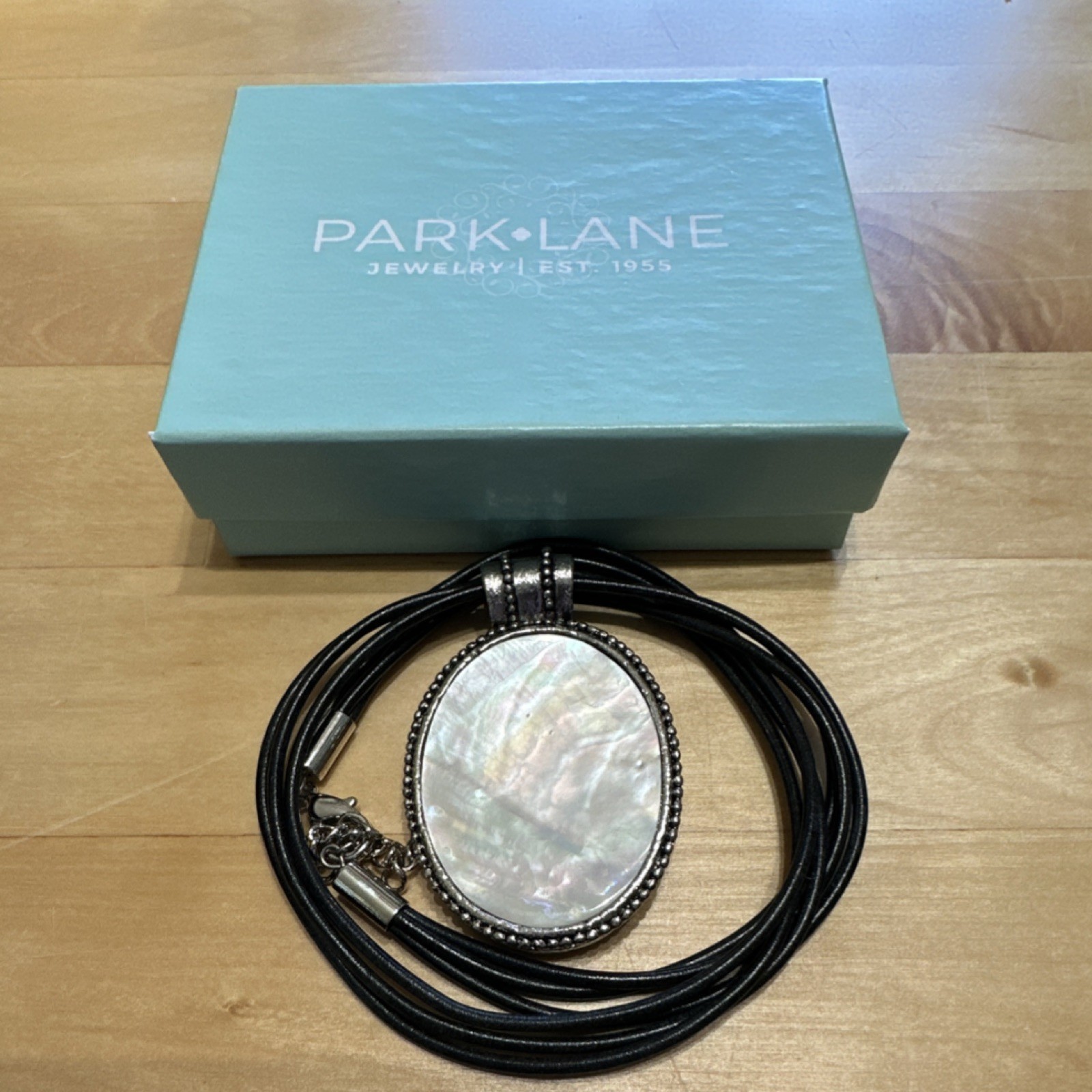 Park Lane Oval Mother of Pearl Pendant Necklace Black Leather Cord Silver