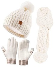 Kids Winter Hat Gloves Scarf Set, Girls Boys Toddler Winter Hat Beanie White