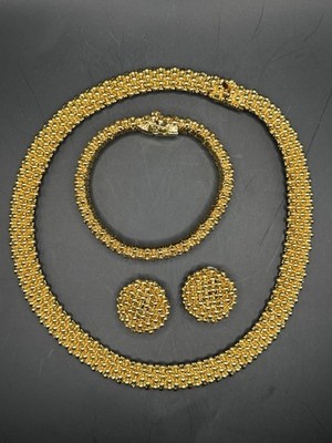 Vtg Signed CINER   caviar  gold Tone Necklace Bracelet & Earrings Set