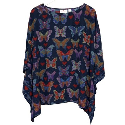 QUACKER FACTORY Butterfly Poncho Blouse Size Medium Navy Blue Womens Top