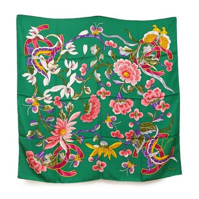 Chanel Silk Scarf Green Floral Butterfly Coco Mark 98cm w/Box Pre-Owned