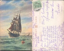 Sailing ship on sea CO 1907 postmark Nautical Art