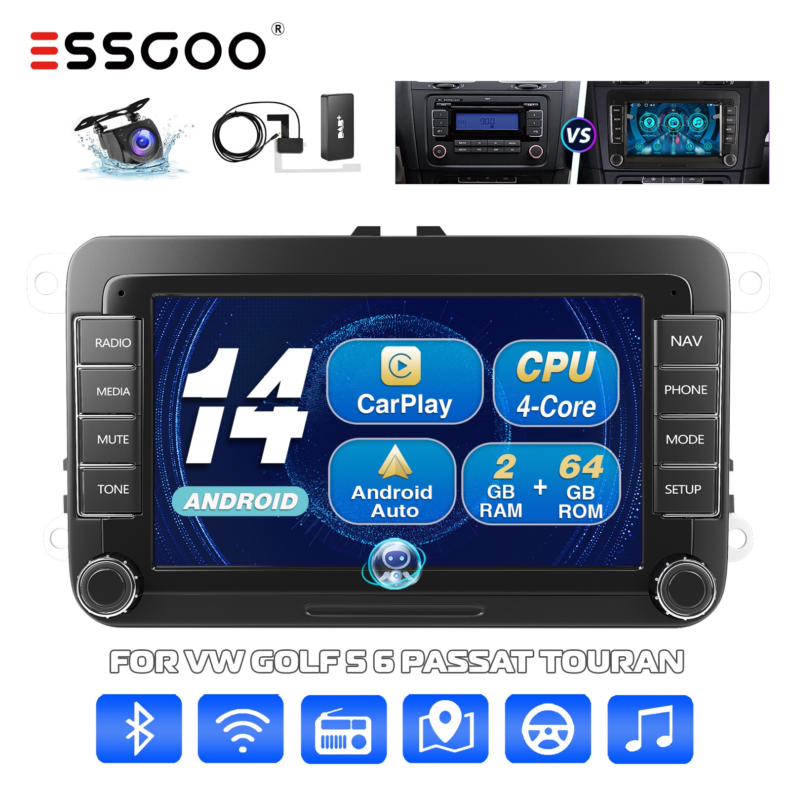 Autoradio Android 14 pour VW Golf 5 6 avec Apple Carplay GPS et 64Go de stockage