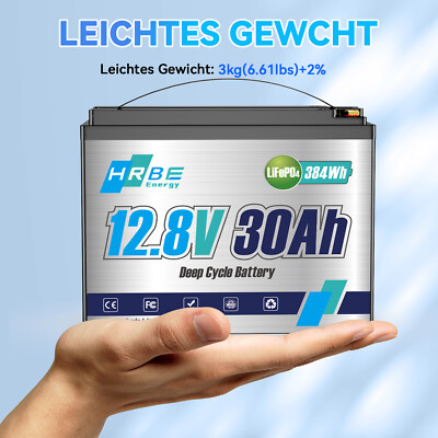HRBEENERGY 12V 30Ah LiFePO4 Batterie Lithium Akku BMS für Aussenborder Boot RV