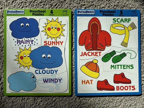 2 Vtg Puzzle Patch Picture Tray Puzzles Preschool Toddler Kids WEATHER & CLOTHES - Picture 1 of 5