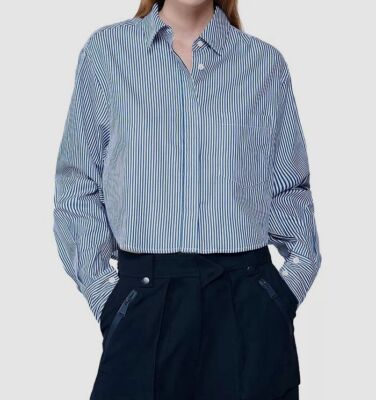 Simkhai Women's Blue Striped Cropped Renata Button-Up Shirt Top Size M