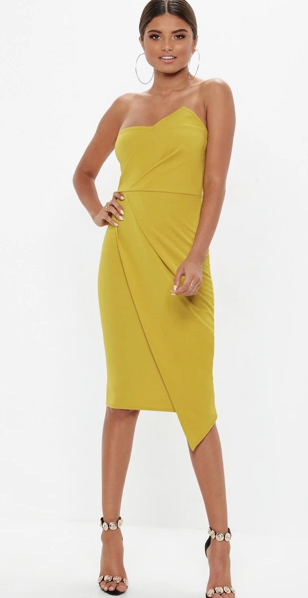 Missguided Bandeau Origami Chartreuse Midi Dress Size UK 10 NEW