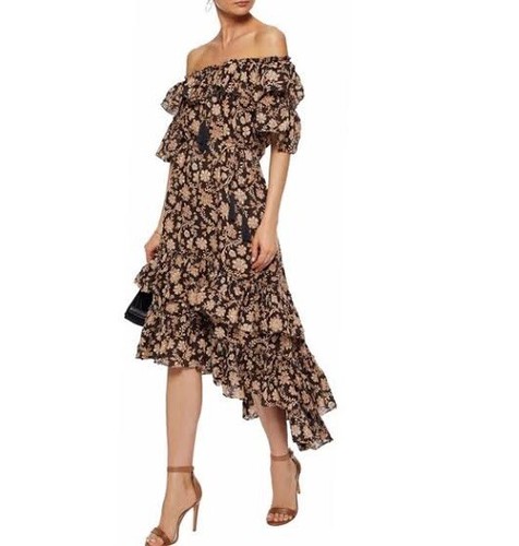 Zimmermann Off Shoulder Floral Midi Dress Linen Ruffle Flamenco Day Tea Size 0