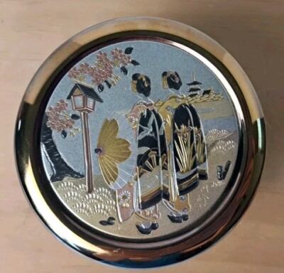 The Art Of Chokin Etched Geisha Pagoda Trinket Box 24K Gold Edge Home Decor 