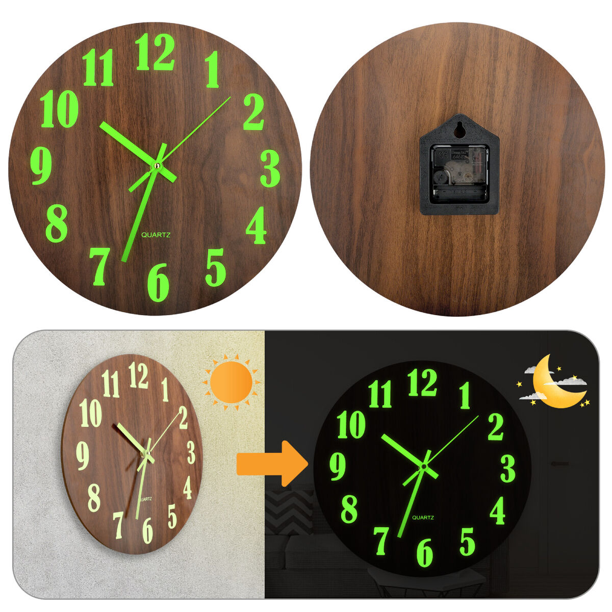 Relax Love Luminous Wall Clock Wooden Glow In The Dark Clock 12 Inch Silent Non-Ticking Lighted Wall Clock Battery Operated For Living Room Office Kitchen Bedroom