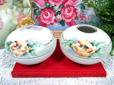 T & V  Limoges France painted floral dresser set trinket holder  hair Receiver