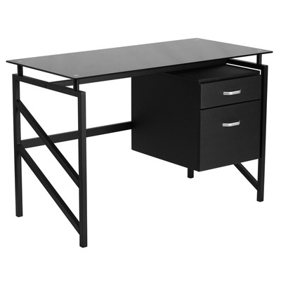 Contemporary Sleek Black Glass Desk W Two Drawer Pedestal Office