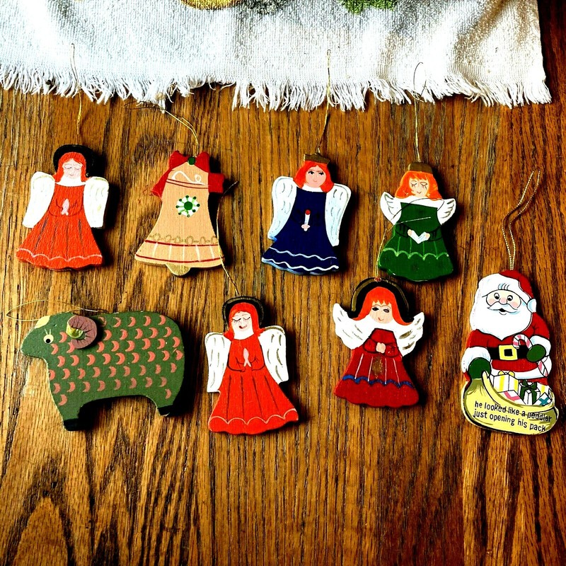 Woooden Flat Christmas Ornaments, Set of 8, Angels, Sheep, Bell & Santa