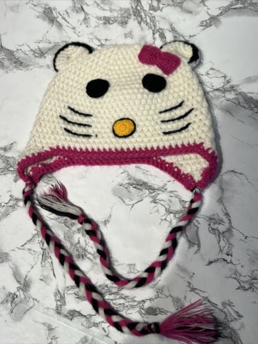 Hello Kitty Beanie Cap Hat Handmade Crocheted Dangle Ties Kids Medium
