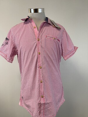 Camp David Shirt Mens Medium Check Plaid Button Up Pink Embroidered  N173
