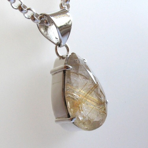 Faceted Teardrop Gold Rutilated Quartz Pendant Claw Set in Sterling Silver - Picture 3 of 7