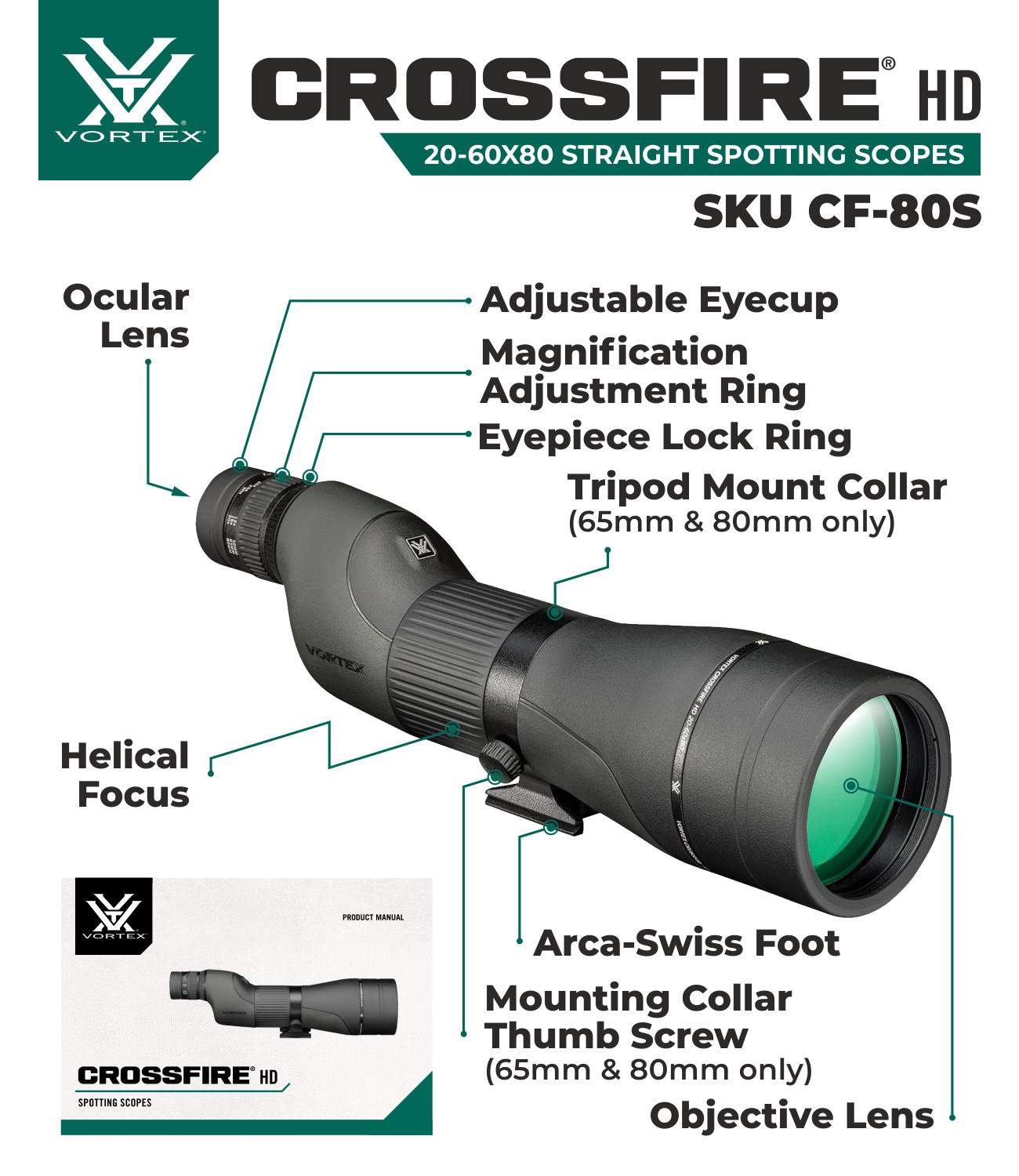 Vortex Optics Crossfire HD 2060×80 Straight Spotting Scope CF80S w
