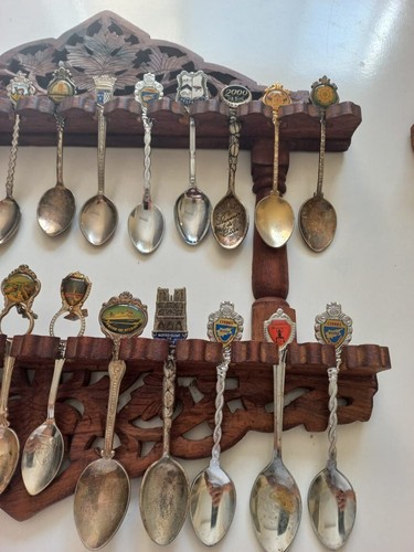 Large collection souvenir spoons(24), With Cabinet Rack Wall Display Wooden Case - Picture 7 of 9