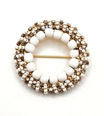 Vintage Miriam Haskell Signed Beaded Milk Glass & Rhinestone Circle Brooch