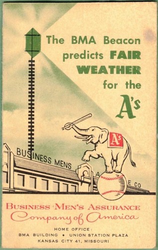 1958 Kansas City Athletics pocket schedule sponsored Business Men's Assurance