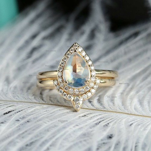 Real Pear Moonstone Gemstone Two Ring Set Solid 14k Yellow Gold Handmade Jewelry - Picture 2 of 10