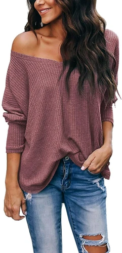 iGENJUN Women's Casual V-Neck Off-Shoulder Batwing Sleeve Pullover Sweater Tops - Picture 15 of 94