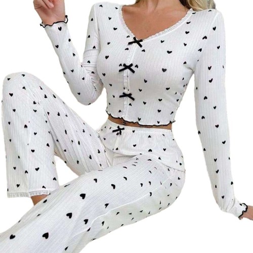 V Neck Ruffled Long Sleeve Pajama Set Heart Ribbed Crop Top and Pants - Bild 19 von 28
