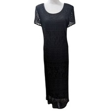 Vtg Crochet Lace Overlay Lined Maxi Dress Size 10 Black Sparkle Jessica Howard 