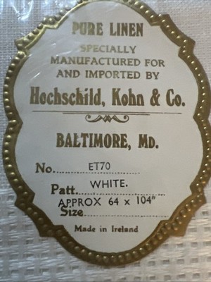 Rare Vtg. Irish Linen Tablecloth Hochschild Kohn Baltimore White Damask 64x104
