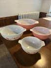 Set of 4 Pyrex Pink  White Cinderella Gooseberry Mixing Bowls 441, 442, 443, 444