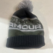 Under Armour Beanie Hat Snow Ski Winter Cap Green Black And Grey Pom Pom Skully