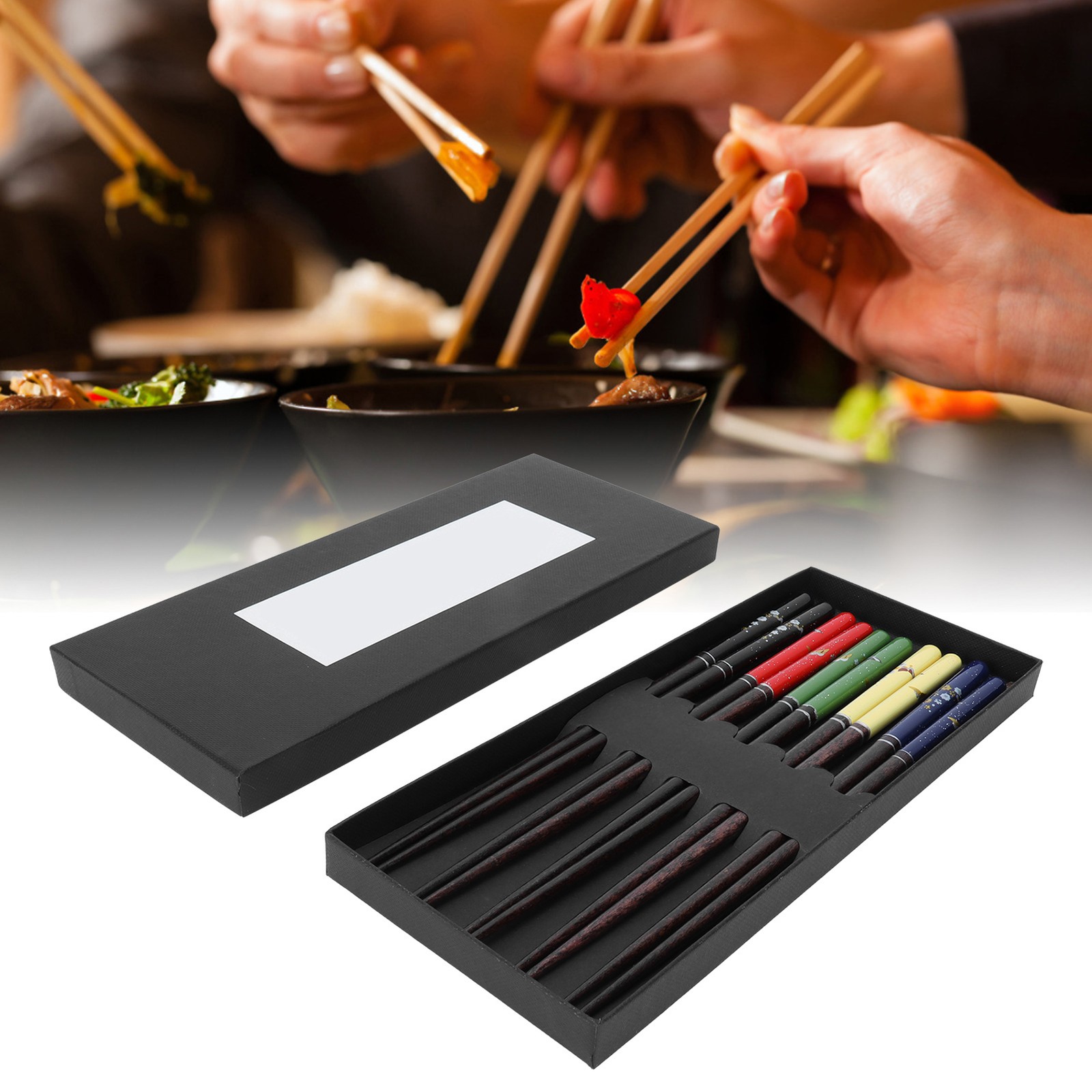 5 Pairs Wood Chopsticks Set Beautiful Printing Tableware Pointed Head Sushi Kit