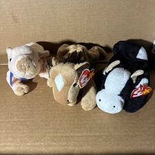 Ty Beanie Babies Lot If 3 Farm Animals, Pig, Horse and Cow, New With Mint Tags