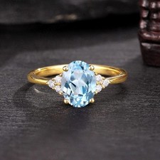 2Ct Oval Cut Aquamarine Diamond Solitaire  Engagement Ring 14k Yellow Gold Over