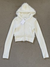 Asos Monki White Cream Faux Fur Fluffy Zip Jumper Hooded Cardigan Size XXS New