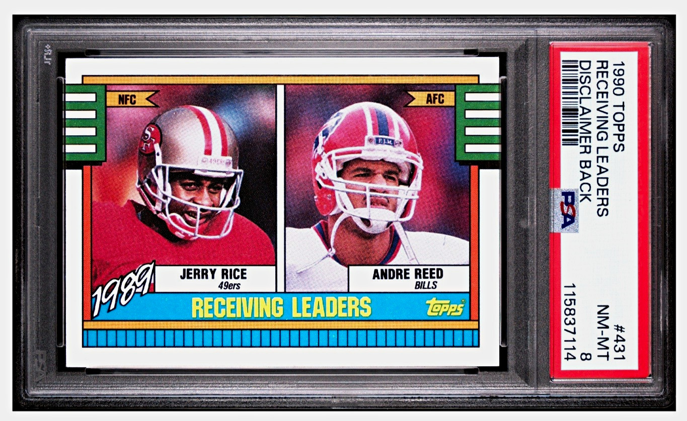TOPPS 1990 RECEIVING LEADERS #431 DISCLAIMER BACK PSA 8 REED RICE NFL
