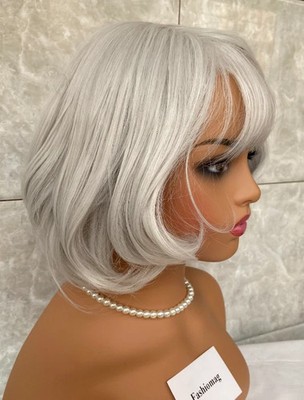 Short Bob Wavy Silvery Moon Gray Mix Synthetic Hair Wigs Women Soft Natural