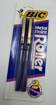 Vintage Bic Metal Point Roller Pens 1991 .4mm Fine Line Purple Ink USA 2 Pack