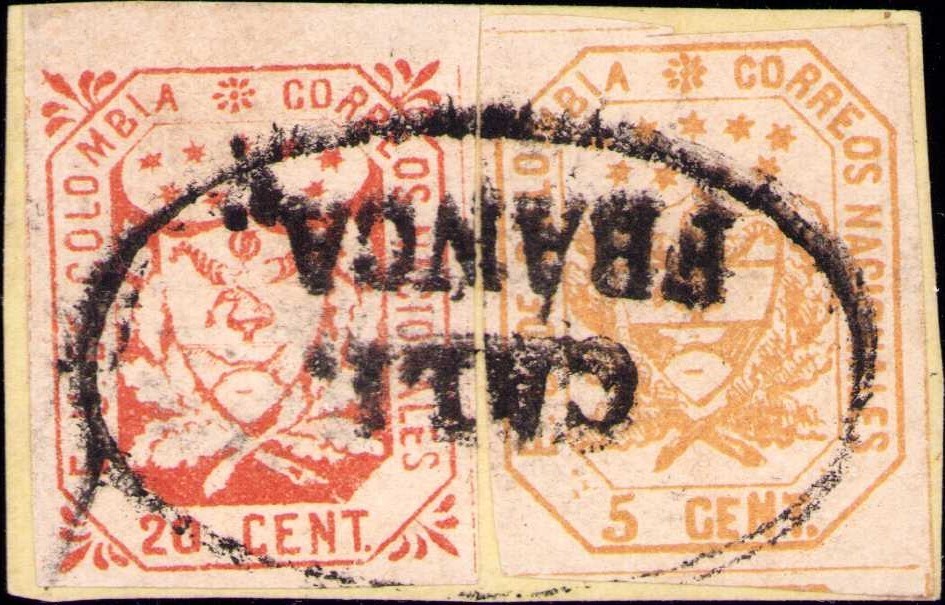 COLOMBIA - CLASSIC - 5c + 20c STAMPS ON PIECE - CALI FRANCA - Sc 24 + 32 - 1864