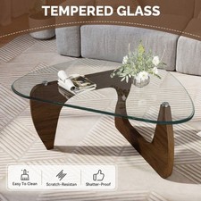 Irregular Center Table Robust Tempered Glass Coffee Table w/Unique Wood Base UK