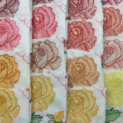 24 Vintage Hand Embroidered Cross Stitch Rose Quilt Squares Multi Color 15-15.5"