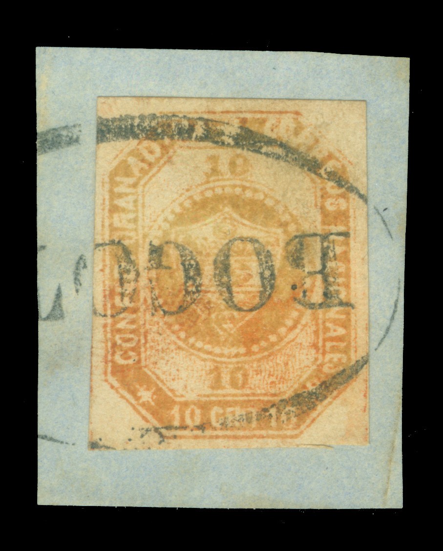 COLOMBIA 1859 Coat of Arms 10c bister brown Scott# 4b used  XF on piece "BOGOTA"