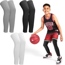3 Pairs Kids Long Compression Leg Sleeves, Non Slip, UV Protection, Full Length