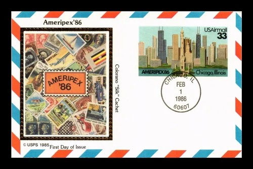 DR JIM STAMPS US FIRST DAY CARD AMERIPEX 86 CHICAGO AIR MAIL COLORANO SILK