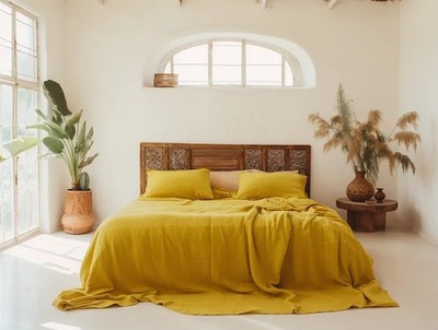 Mustard Yellow Linen sheet set 1 flat sheet and 2 pillowcases Softened bedding.