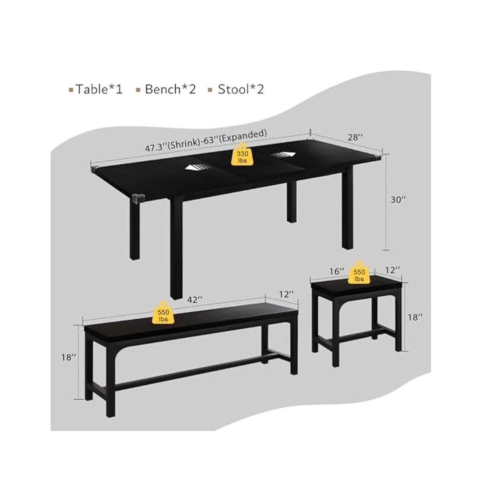 Juego de Mesa de Comedor 5 Piezas, Extensible, con 2 Bancos 2 Taburetes, Negro Foto 2 de 4