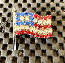 AMERICAN FLAG FAUX RUBIES, SAPPHIRE, DIAMONDS PINBACK BROOCH 1 1/8" X 1 1/4"