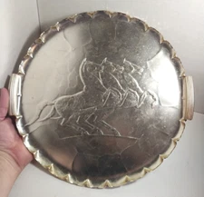 VINTAGE ARTHUR ARMOUR ROUND GOLD-TONE SERVING TRAY WITH HORSES, FREE SHIPPING