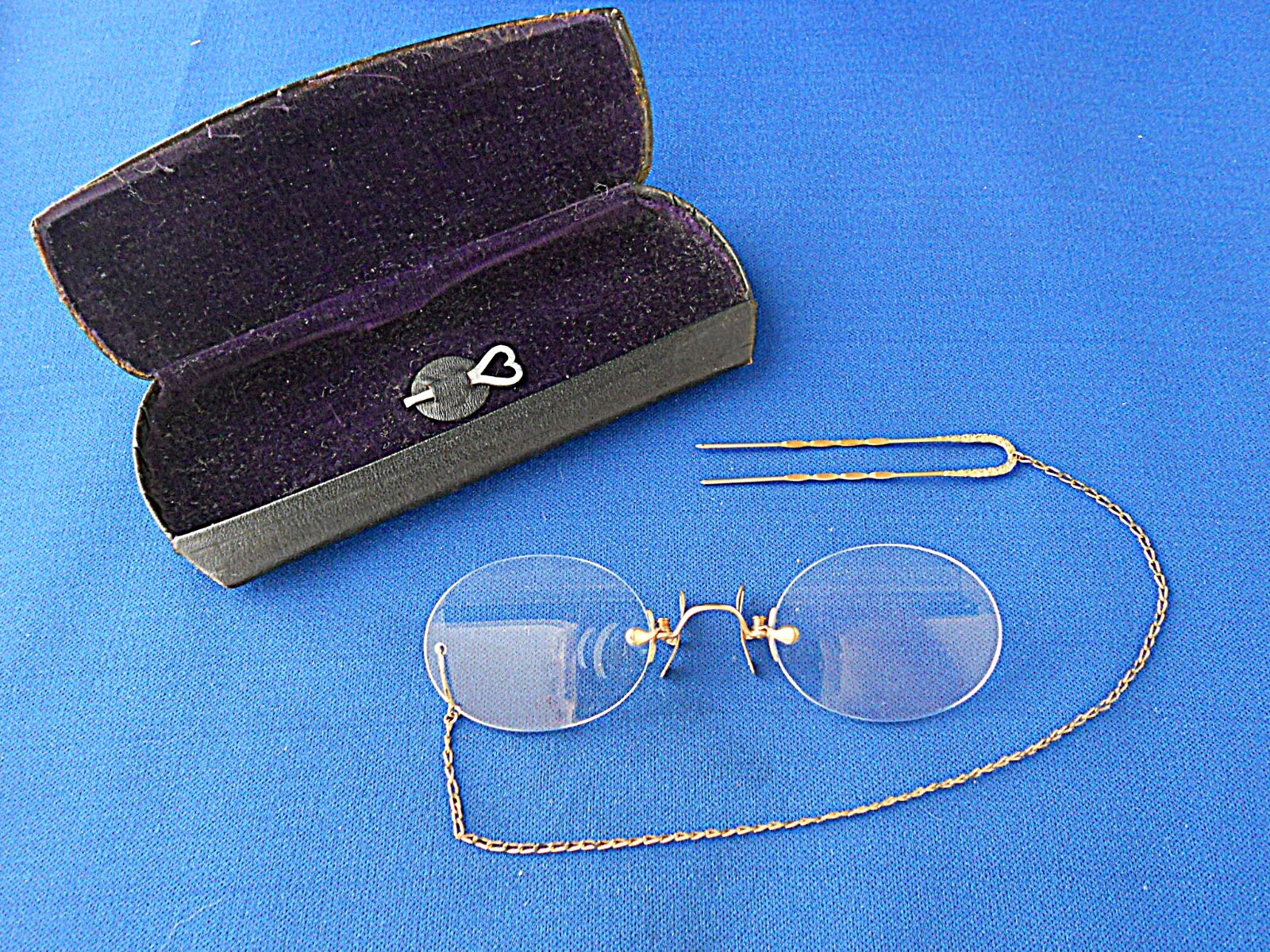 Antique Pince Nez Rimless Eye Glasses Hairpin Chain +… Gem
