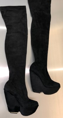 black suede thigh high wedge boots